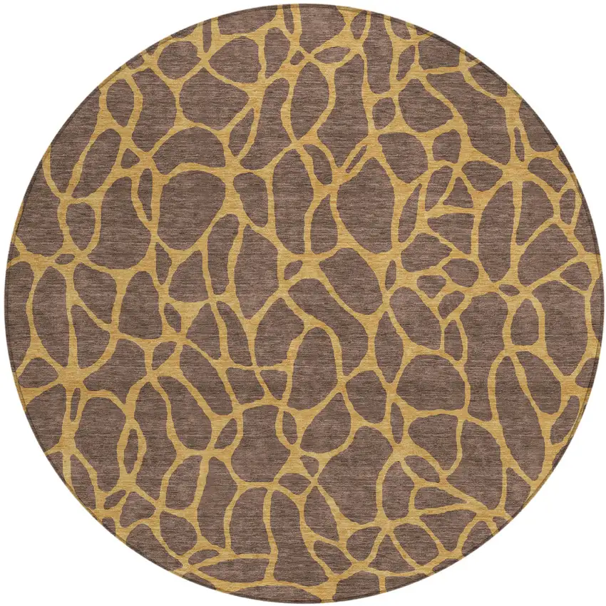 8' Brown And Gold Round Geometric Washable Indoor Outdoor Area Rug Photo 3