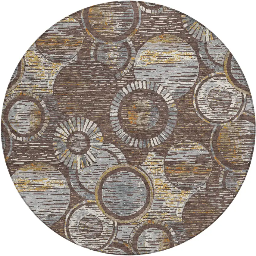 8' Brown And Gold Round Geometric Washable Indoor Outdoor Area Rug Photo 1