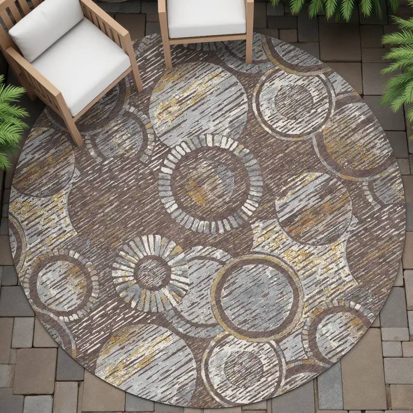 8' Brown And Gold Round Geometric Washable Indoor Outdoor Area Rug Photo 7