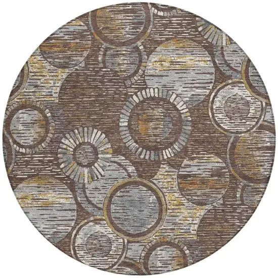 8' Brown And Gold Round Geometric Washable Indoor Outdoor Area Rug Photo 3