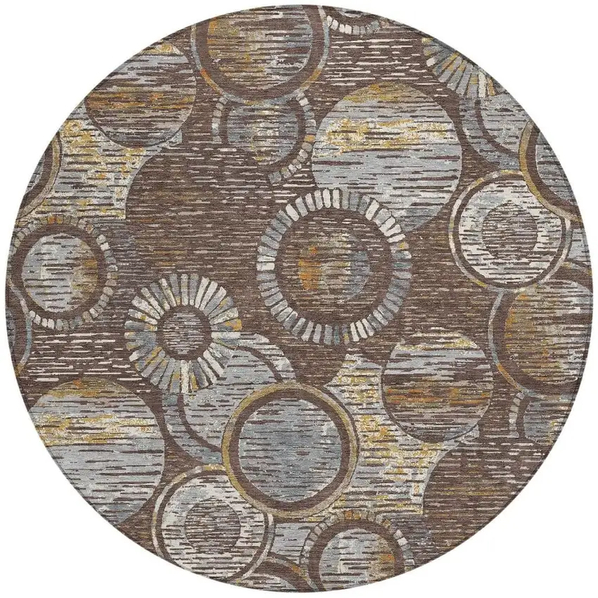 8' Brown And Gold Round Geometric Washable Indoor Outdoor Area Rug Photo 3
