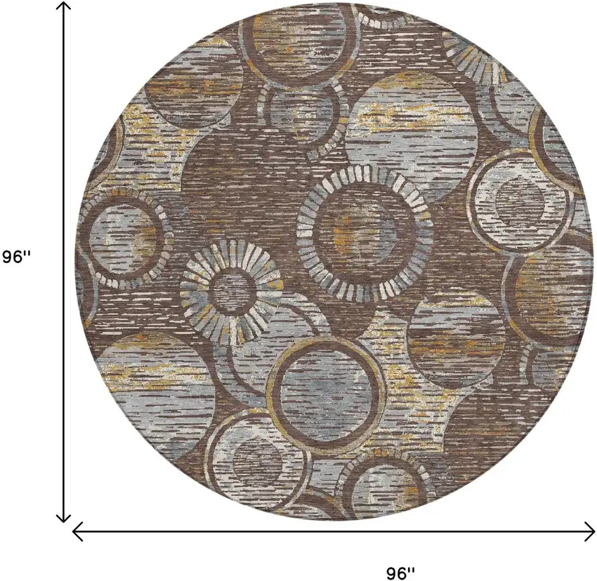 8' Brown And Gold Round Geometric Washable Indoor Outdoor Area Rug Photo 9