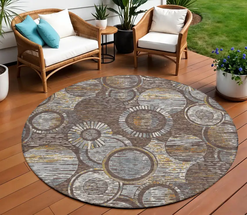 8' Brown And Gold Round Geometric Washable Indoor Outdoor Area Rug Photo 2