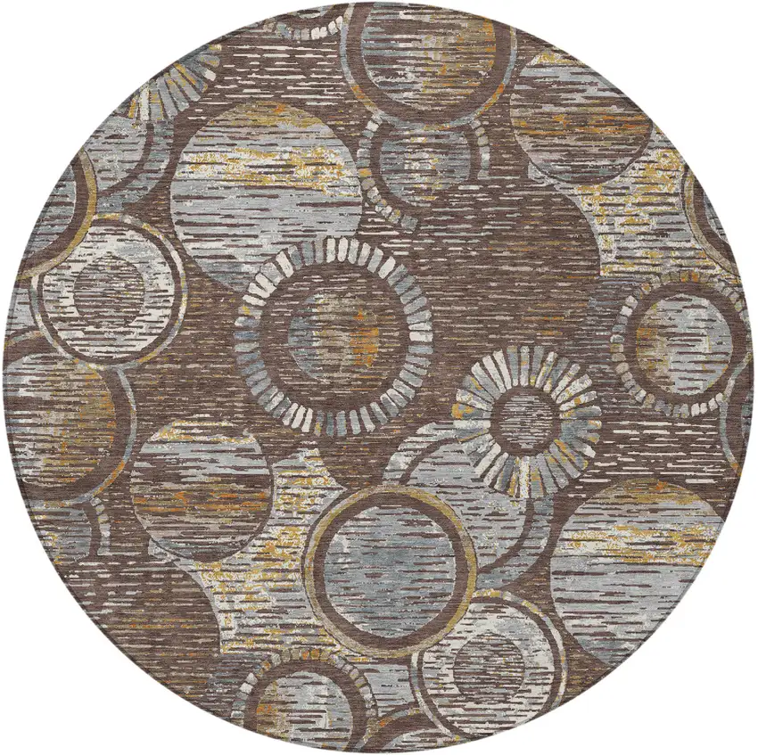 8' Brown And Gold Round Geometric Washable Indoor Outdoor Area Rug Photo 4