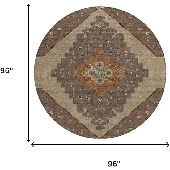 8' Brown And Gold Round Geometric Washable Indoor Outdoor Area Rug Photo 8