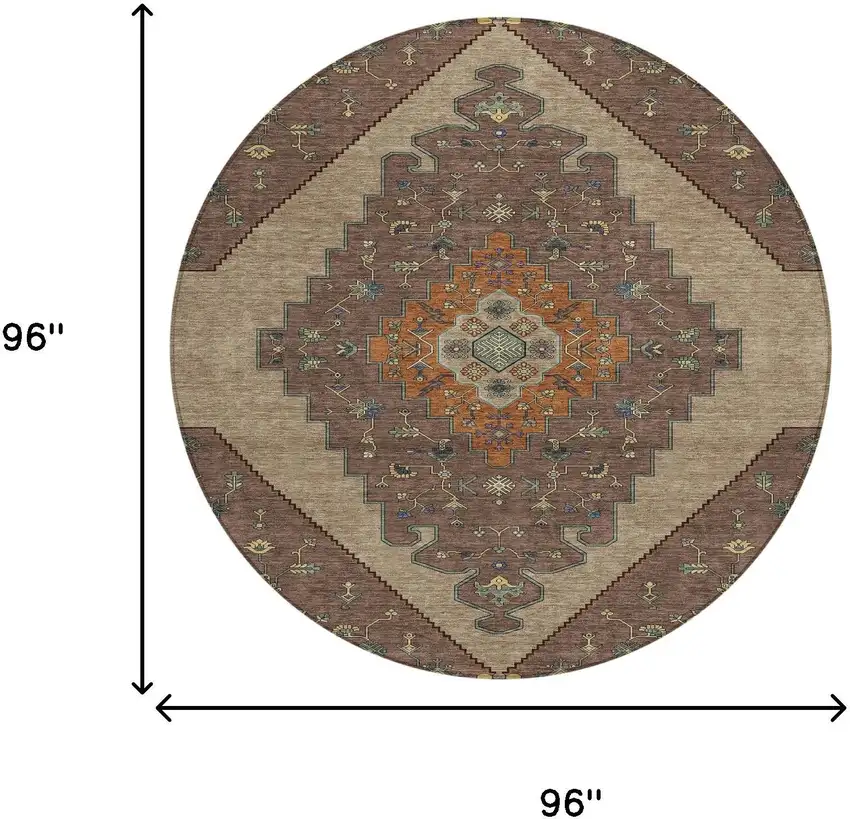 8' Brown And Gold Round Geometric Washable Indoor Outdoor Area Rug Photo 8