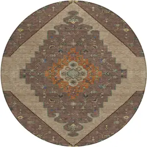 Photo of 8' Brown And Gold Round Geometric Washable Indoor Outdoor Area Rug