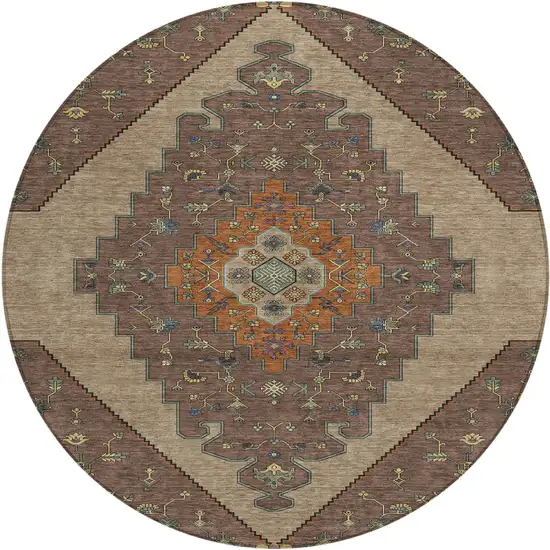 8' Brown And Gold Round Geometric Washable Indoor Outdoor Area Rug Photo 1
