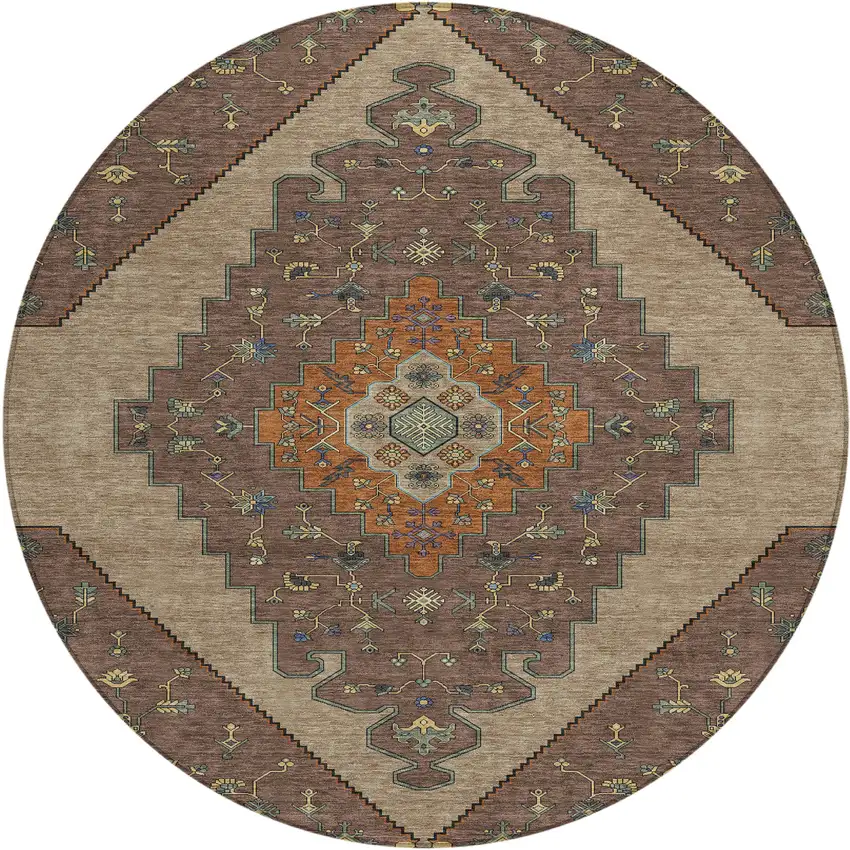 8' Brown And Gold Round Geometric Washable Indoor Outdoor Area Rug Photo 1
