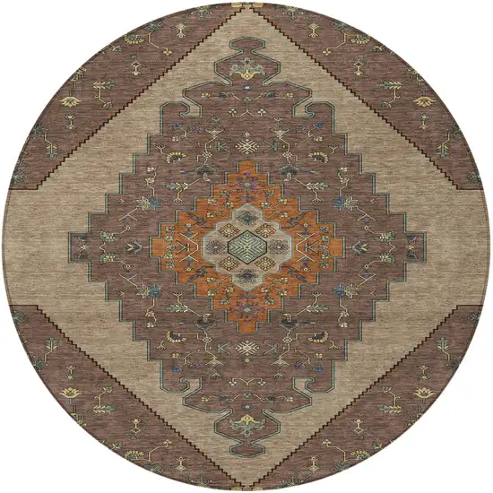 8' Brown And Gold Round Geometric Washable Indoor Outdoor Area Rug Photo 3