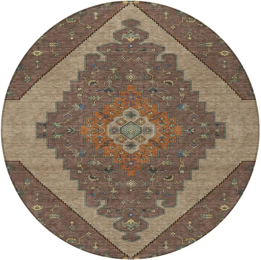 8' Brown And Gold Round Geometric Washable Indoor Outdoor Area Rug Photo 3