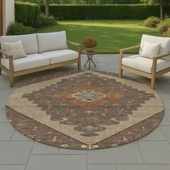 8' Brown And Gold Round Geometric Washable Indoor Outdoor Area Rug Photo 4