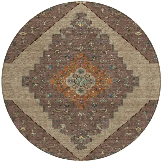 8' Brown And Gold Round Geometric Washable Indoor Outdoor Area Rug Photo 2
