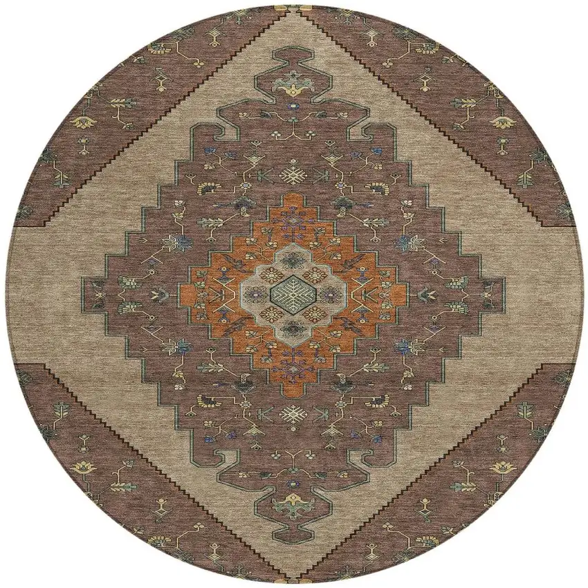 8' Brown And Gold Round Geometric Washable Indoor Outdoor Area Rug Photo 2