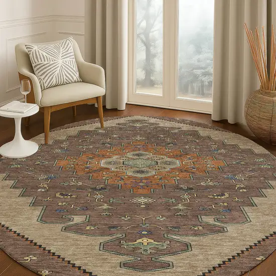 8' Brown And Gold Round Geometric Washable Indoor Outdoor Area Rug Photo 5