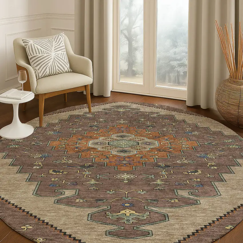8' Brown And Gold Round Geometric Washable Indoor Outdoor Area Rug Photo 5