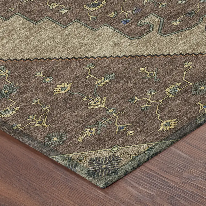 8' Brown And Gold Round Geometric Washable Indoor Outdoor Area Rug Photo 6