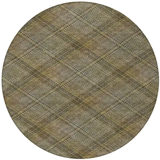 8' Brown And Gold Round Plaid Washable Indoor Outdoor Area Rug Photo 3