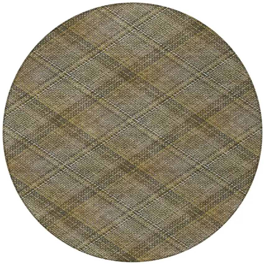 8' Brown And Gold Round Plaid Washable Indoor Outdoor Area Rug Photo 3