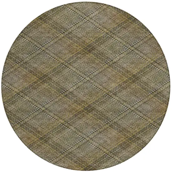 8' Brown And Gold Round Plaid Washable Indoor Outdoor Area Rug Photo 2