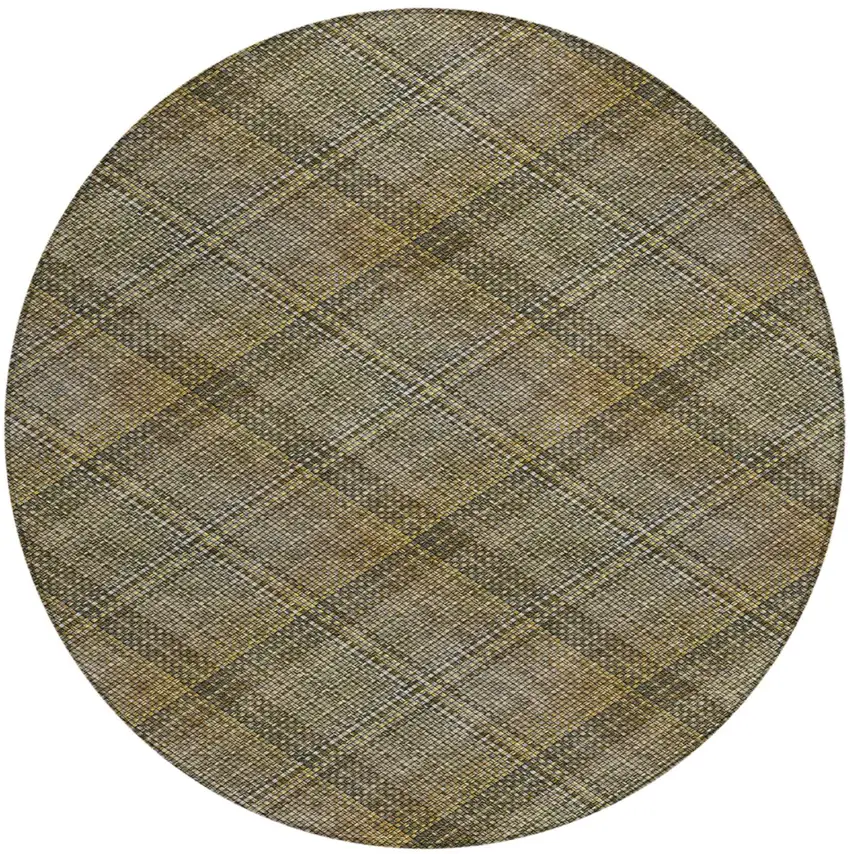 8' Brown And Gold Round Plaid Washable Indoor Outdoor Area Rug Photo 2