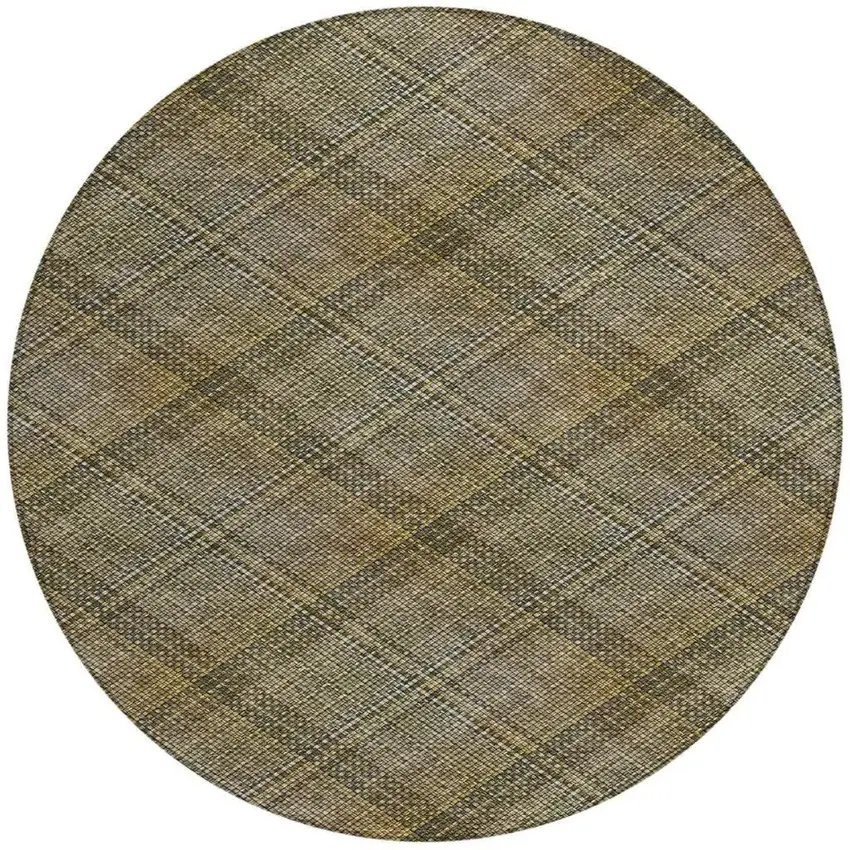 8' Brown And Gold Round Plaid Washable Indoor Outdoor Area Rug Photo 1