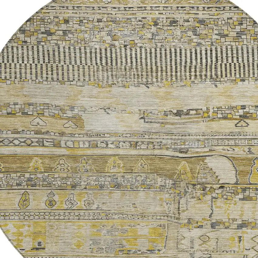 8' Brown And Gold Round Striped Washable Indoor Outdoor Area Rug Photo 8