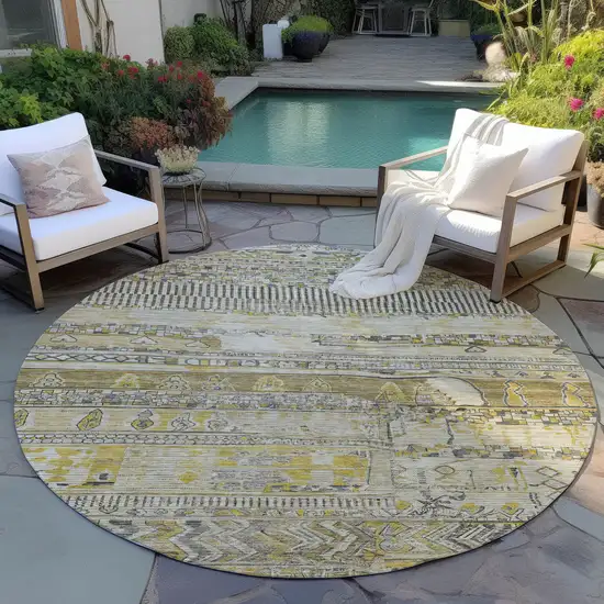 8' Brown And Gold Round Striped Washable Indoor Outdoor Area Rug Photo 5