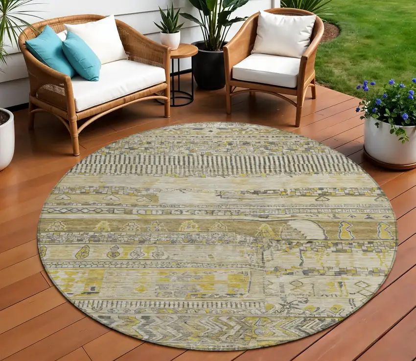 8' Brown And Gold Round Striped Washable Indoor Outdoor Area Rug Photo 2