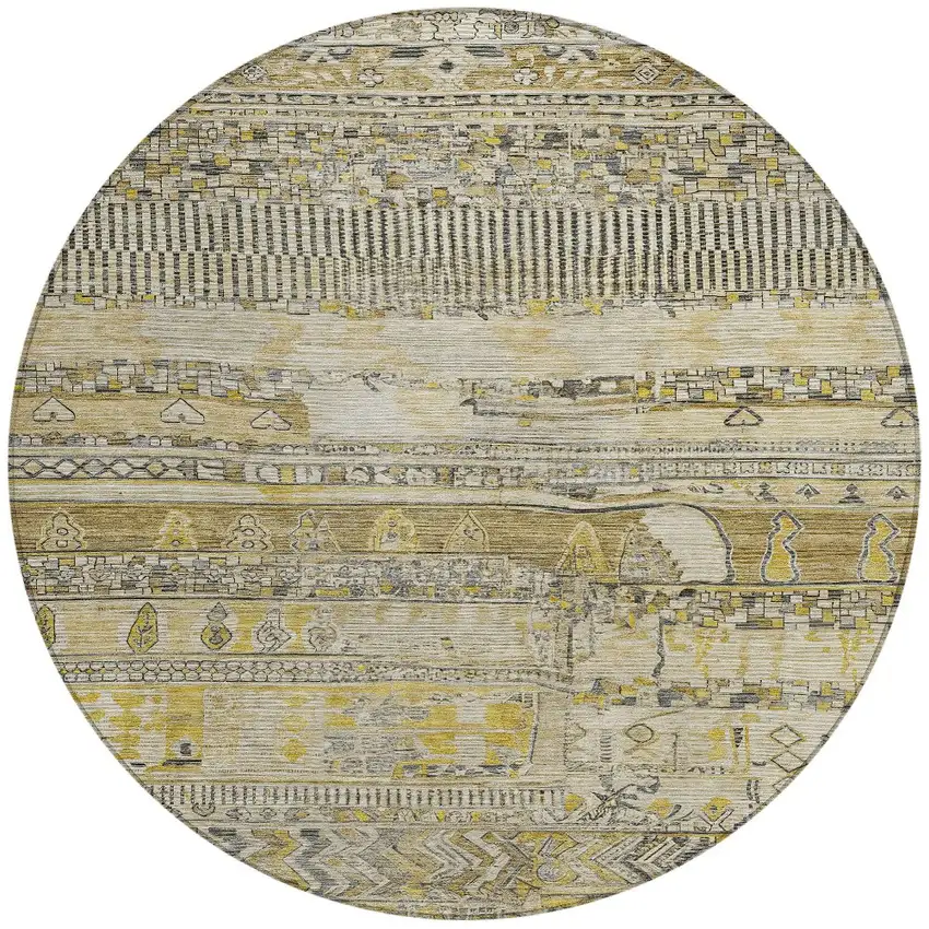 8' Brown And Gold Round Striped Washable Indoor Outdoor Area Rug Photo 3