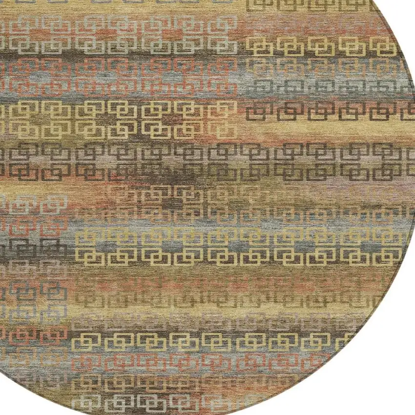 8' Brown And Gold Round Striped Washable Indoor Outdoor Area Rug Photo 4