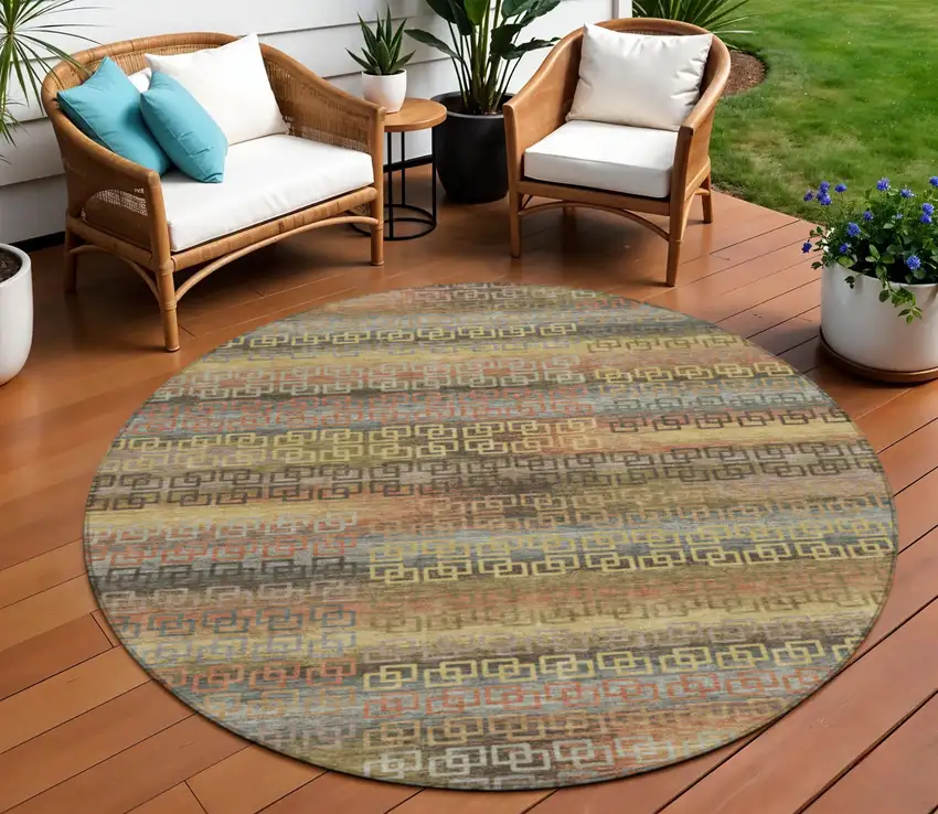 8' Brown And Gold Round Striped Washable Indoor Outdoor Area Rug Photo 2