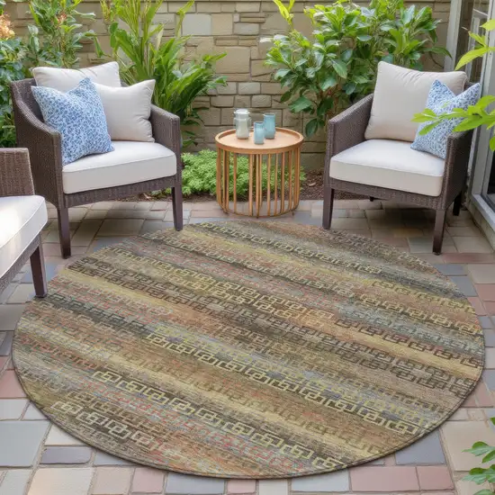 8' Brown And Gold Round Striped Washable Indoor Outdoor Area Rug Photo 6