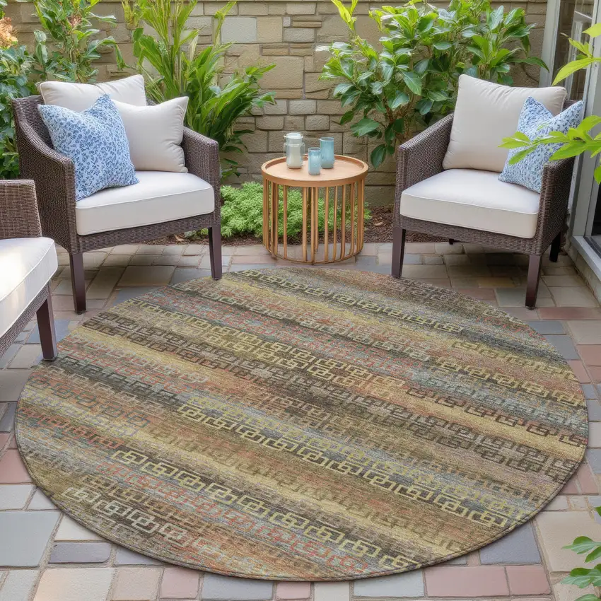 8' Brown And Gold Round Striped Washable Indoor Outdoor Area Rug Photo 6