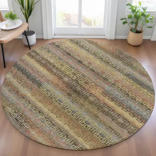 8' Brown And Gold Round Striped Washable Indoor Outdoor Area Rug Photo 7