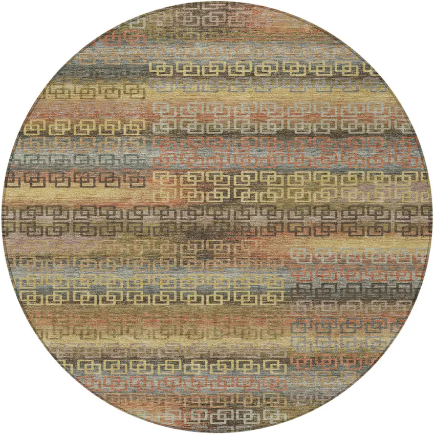 8' Brown And Gold Round Striped Washable Indoor Outdoor Area Rug Photo 3