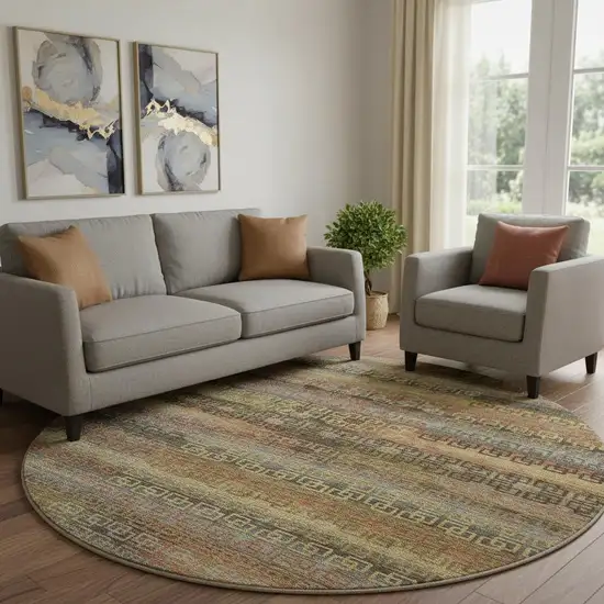 8' Brown And Gold Striped Washable Round Rug With UV Protection Photo 2