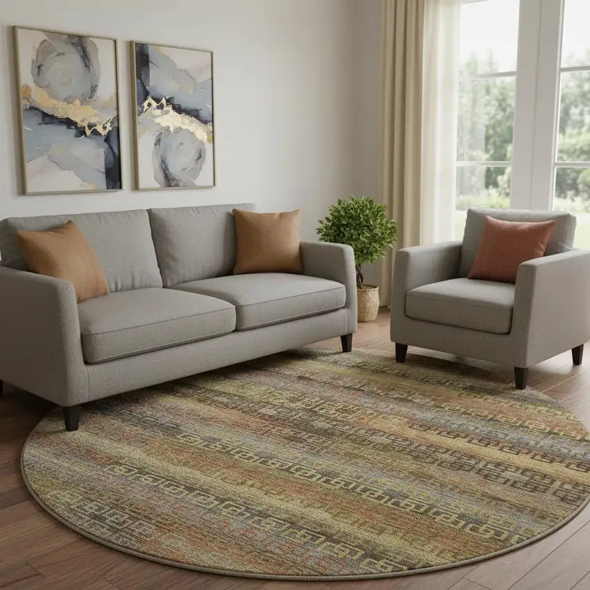 8' Brown And Gold Striped Washable Round Rug With UV Protection Photo 2