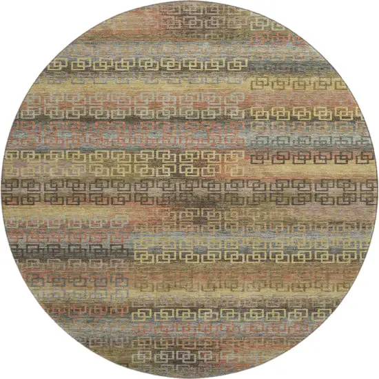 8' Brown And Gold Striped Washable Round Rug With UV Protection Photo 1