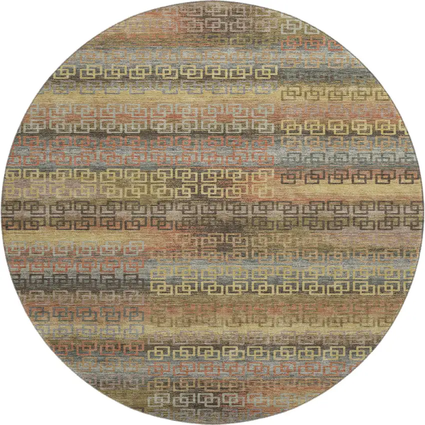 8' Brown And Gold Striped Washable Round Rug With UV Protection Photo 1