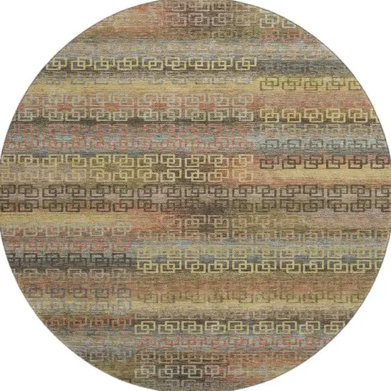 8' Brown And Gold Striped Washable Round Rug With UV Protection Photo 4