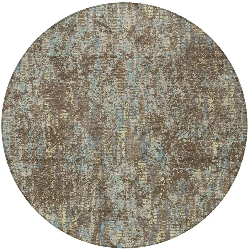 8' Brown And Graphite Round Abstract Washable Indoor Outdoor Area Rug Photo 4
