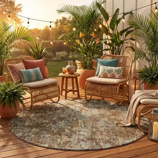 8' Brown And Graphite Round Abstract Washable Indoor Outdoor Area Rug Photo 1