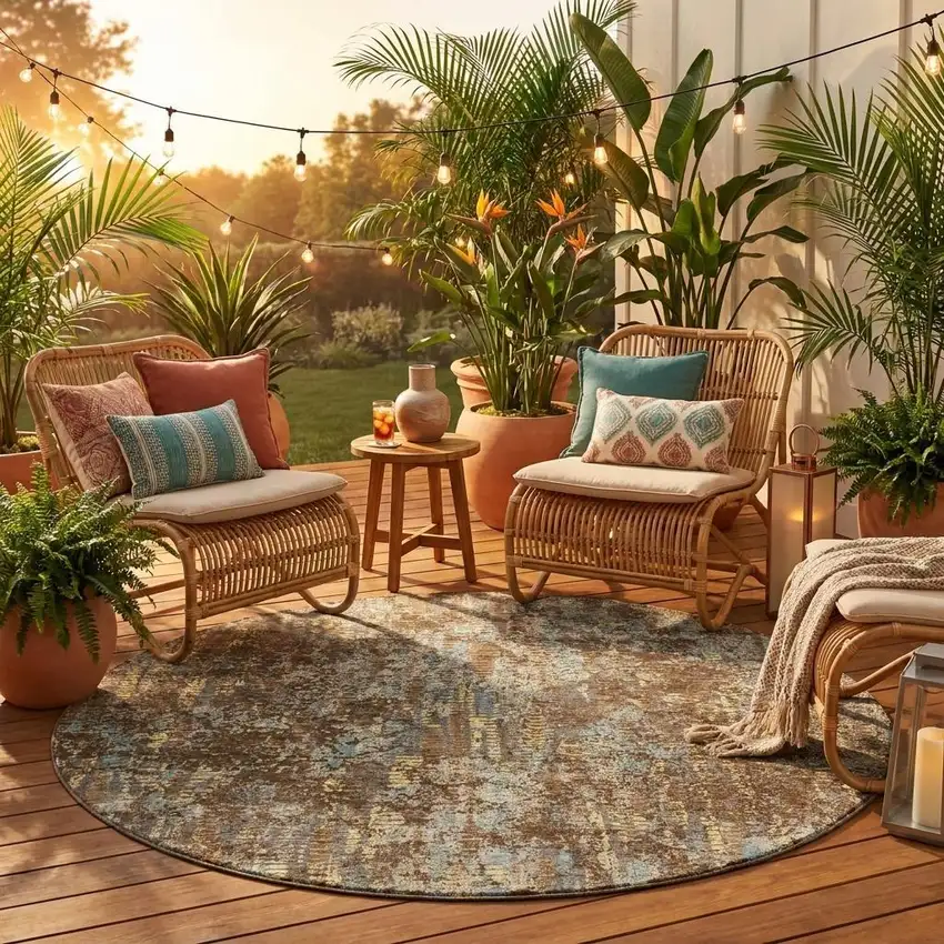 8' Brown And Graphite Round Abstract Washable Indoor Outdoor Area Rug Photo 1
