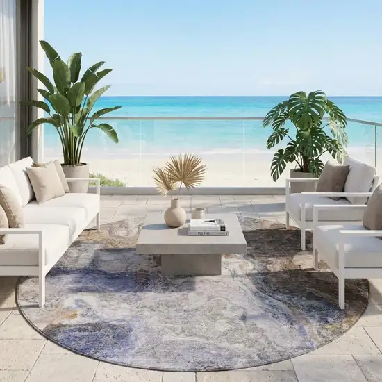 8' Brown And Graphite Round Abstract Washable Indoor Outdoor Area Rug Photo 1