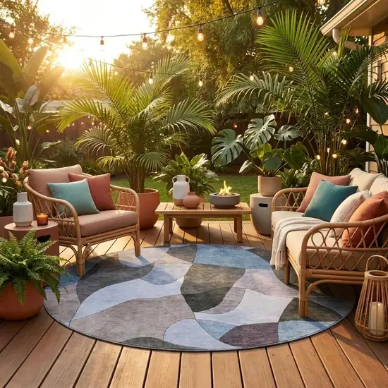 8' Brown And Graphite Round Abstract Washable Indoor Outdoor Area Rug Photo 1