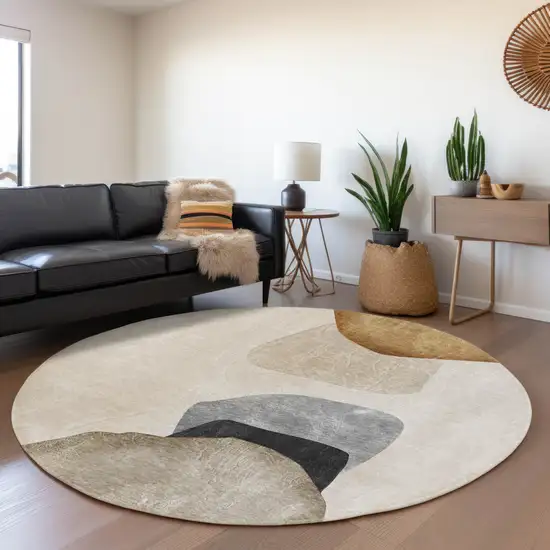 8' Brown And Gray Abstract Washable Round Rug With UV Protection Photo 5