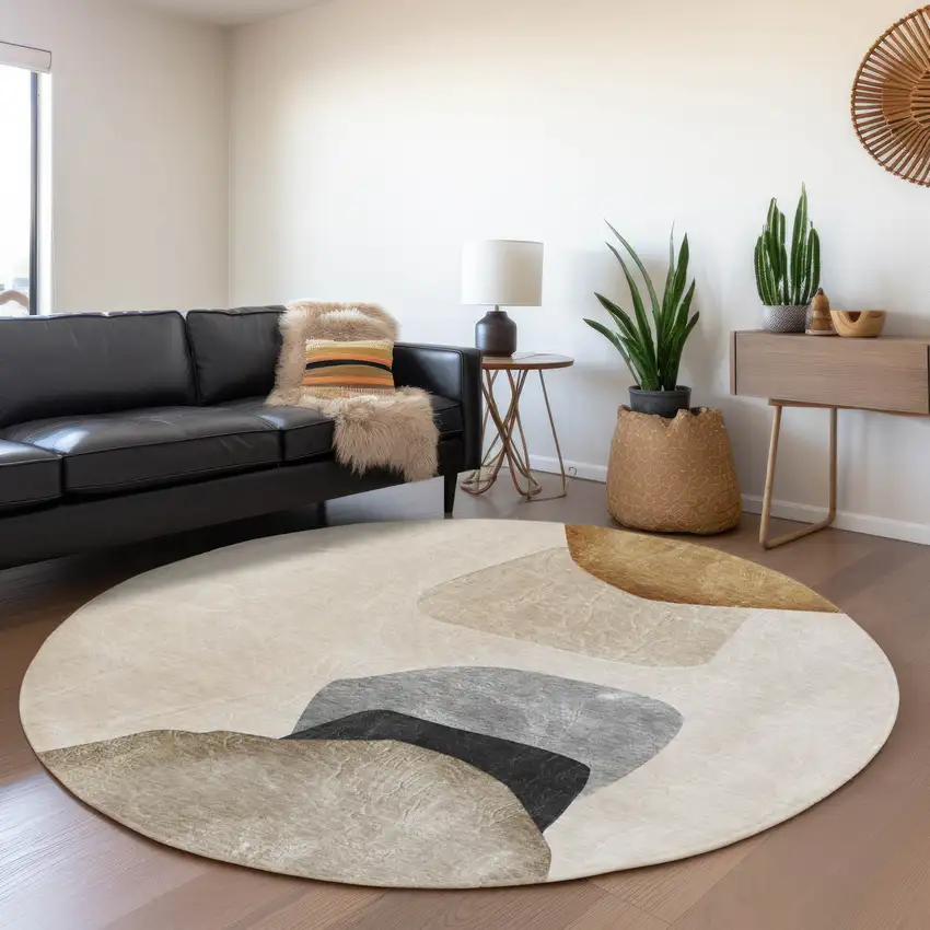 8' Brown And Gray Abstract Washable Round Rug With UV Protection Photo 5