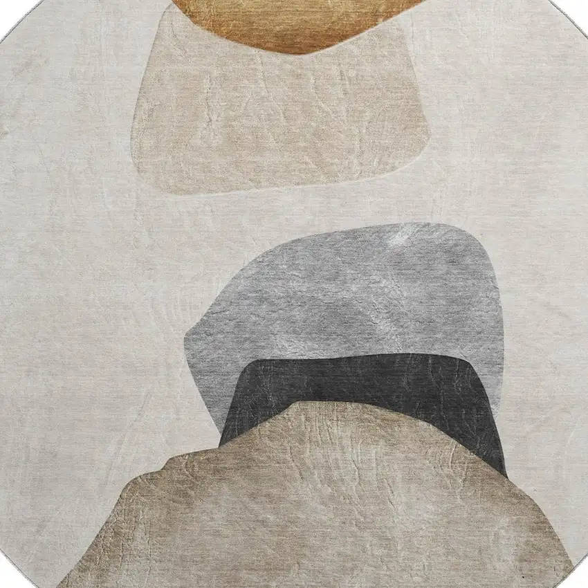 8' Brown And Gray Abstract Washable Round Rug With UV Protection Photo 3