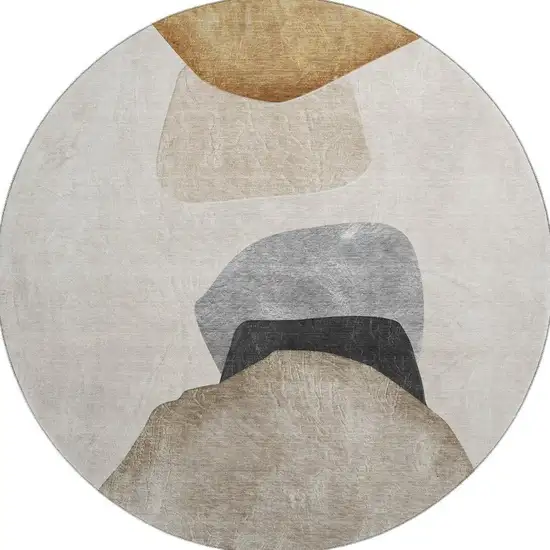 8' Brown And Gray Abstract Washable Round Rug With UV Protection Photo 4